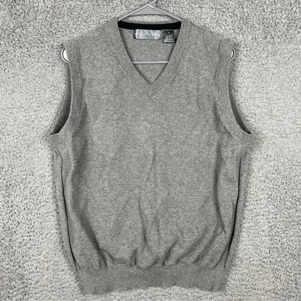 Oscar De La Renta‎ Mens Sweater Vest Medium V-Neck Pullover Gray Argyle Cotton